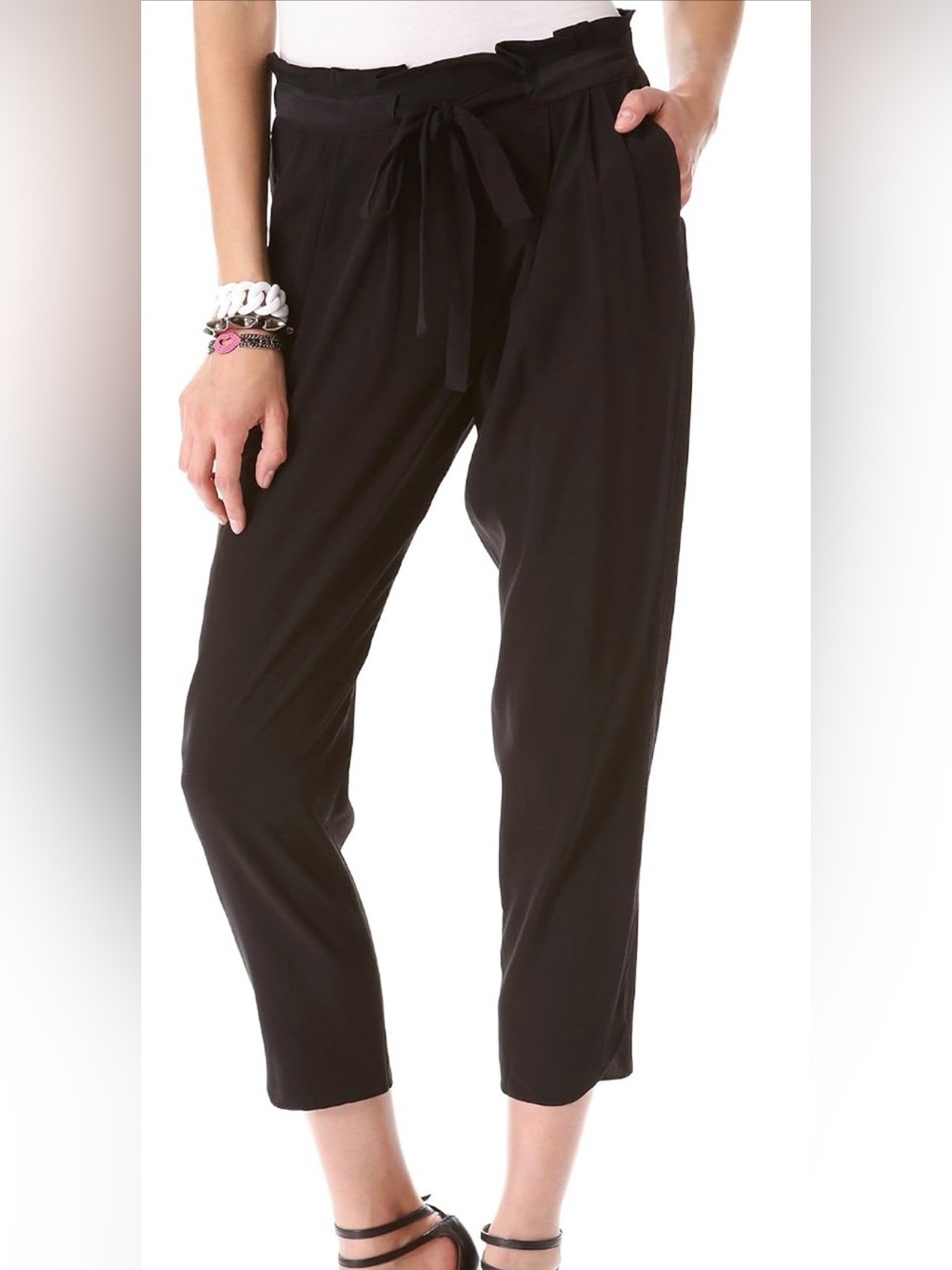 Ramy Brook Allyn Black Silk Paperbag Waist Pants Size M Luxury